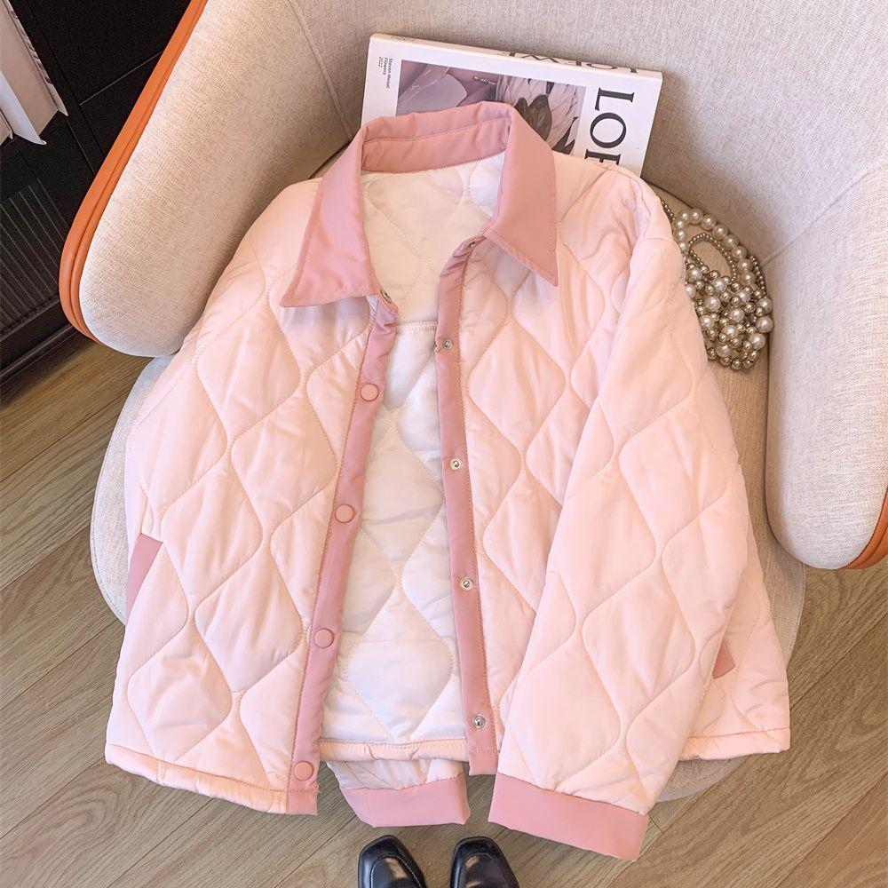 Korean-Style Women's Cotton Jacket: Gentle Wind, Lapel, Diamond Color Block, Warm, Short Outerwear for Autumn/Winter 2025