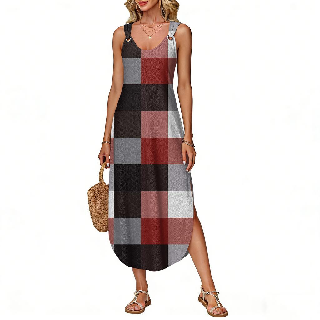 Women's Summer Long Dress, Sleeveless with Side Slits, Long Plaid Printed Vest Dress