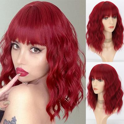 Red Wine Natural Wavy Shoulder Length Wig with Bangs Synthetic Fiber Cosplay Burgundy Daily Wear Short Wavy Bob Wig