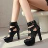 Black Female Sandals Round Toe 12cm Block Heel 3.5cm Platform Zipper Belt Buckles Large Size 48 49 50 Handmade Shoes