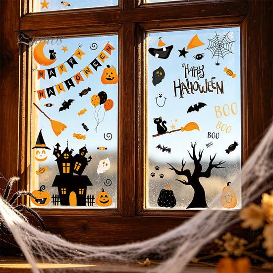 Holiday Glass Decoration Stickers 4 Sheets Halloween Electrostatic Stickers, Cartoon Pumpkins Castle Bats Window Easy Remove Clings PVC Waterproof