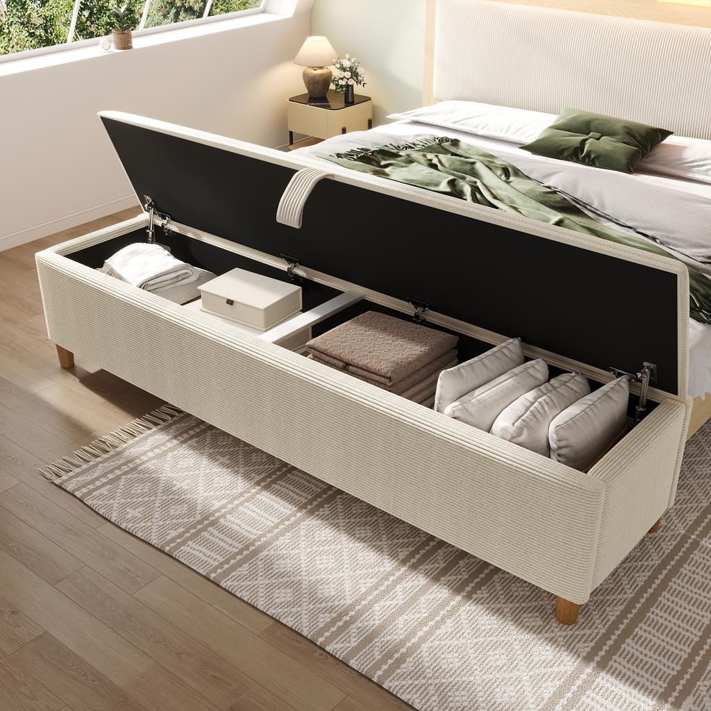Banc de lit avec rangement, 145 x 38 cm, Banc rembourré avec rangement hydraulique, Coffre de rangement, Chambre à coucher, Salon et Couloir, Aspect velours côtelé beige.