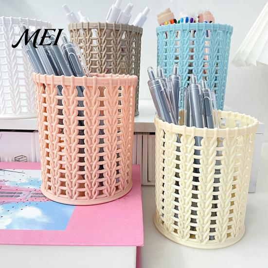 Pen Holder Imitation Rattan Holder, Round Hollow Desk Organizer, Large Capacity Pencil And Gadget Cup for Pens Pencils Makeup Brushes, Nordic
