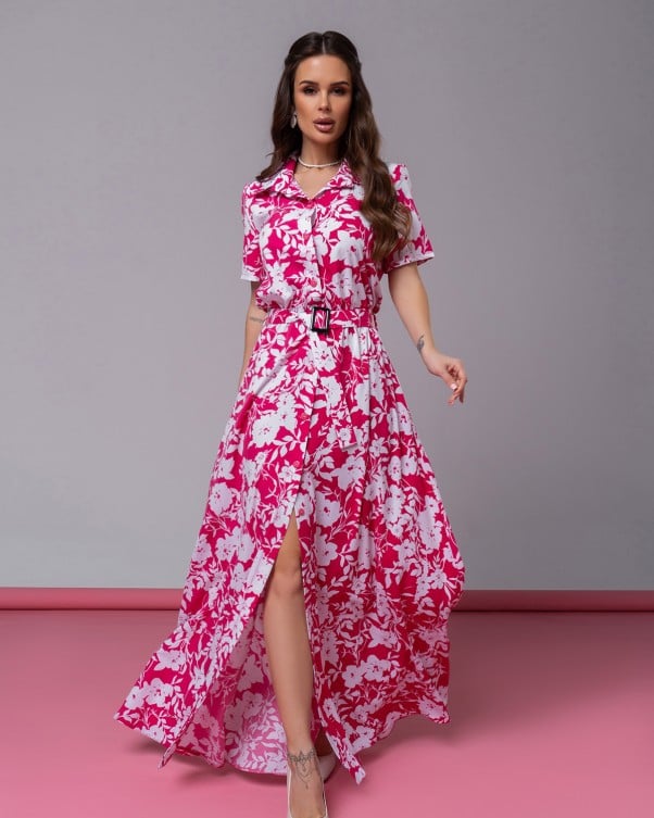 

Біло-малинове довге плаття-сорочка в квіточку ISSA PLUS L багаті maroon кольоровий