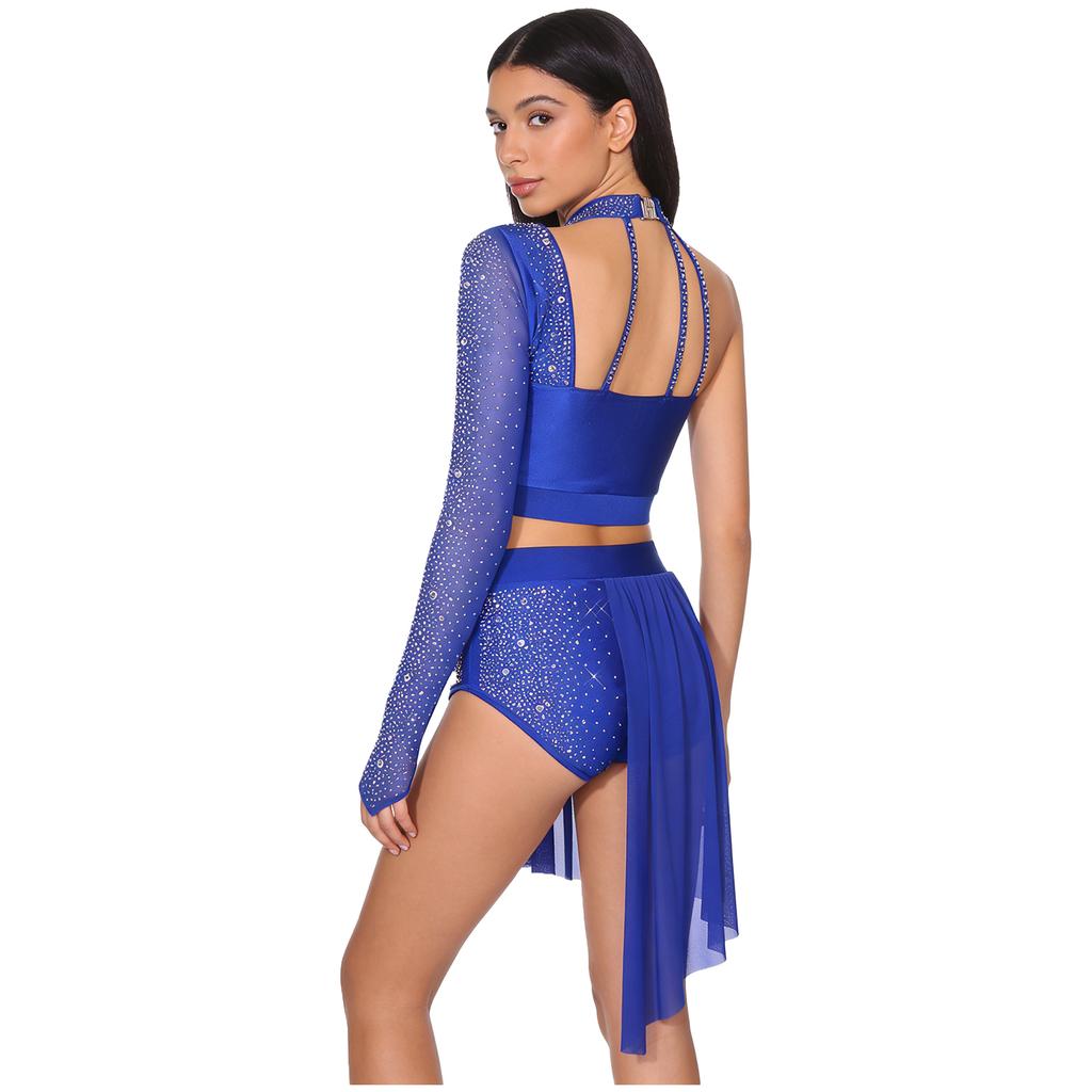 Women's Latin Dance Costume S-XXL: Asymmetrical Halter Top with Single Sleeve & Stappy Back + Rhinestone Mesh Hem Shorts