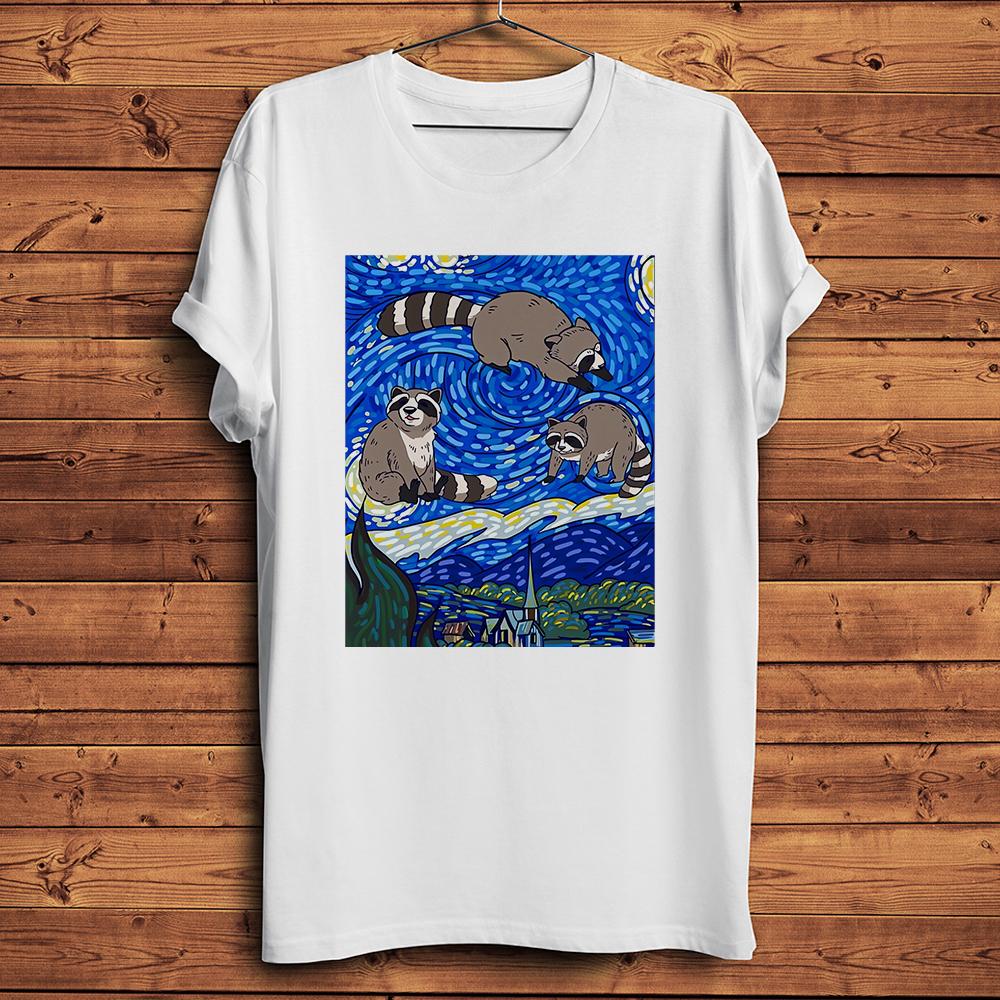 Raccoon Starry Night Racoon Van Gogh Funny Artistic Tshirt Unisex White Casual Short T Shirt Homme Unisex Streetwear Tee
