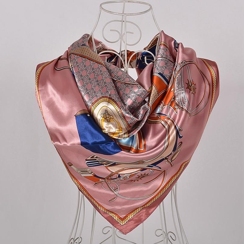 BYSIFA|Navy Blue Pink Silk Square Scarf Printed Women Brand Satin Scarves Shawls China Style Peach Blossom Design Head Scarf