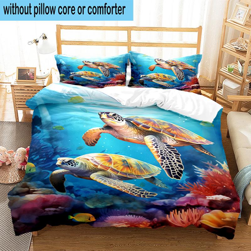 Cartoon Sea Turtle Artwork 3pcs Bedding,Including 1pc Duvet Cover And 2pcs Pillowcases Perfect for Christmas,Ideal for Bedroom, Dormitory
