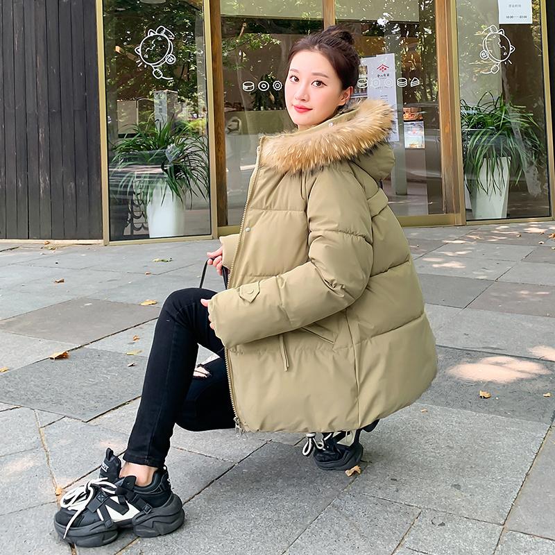 Women's Autumn Winter Hooded Solid Color Fur Collar Pocket Parka Zipper Loose Short Cotton Coat