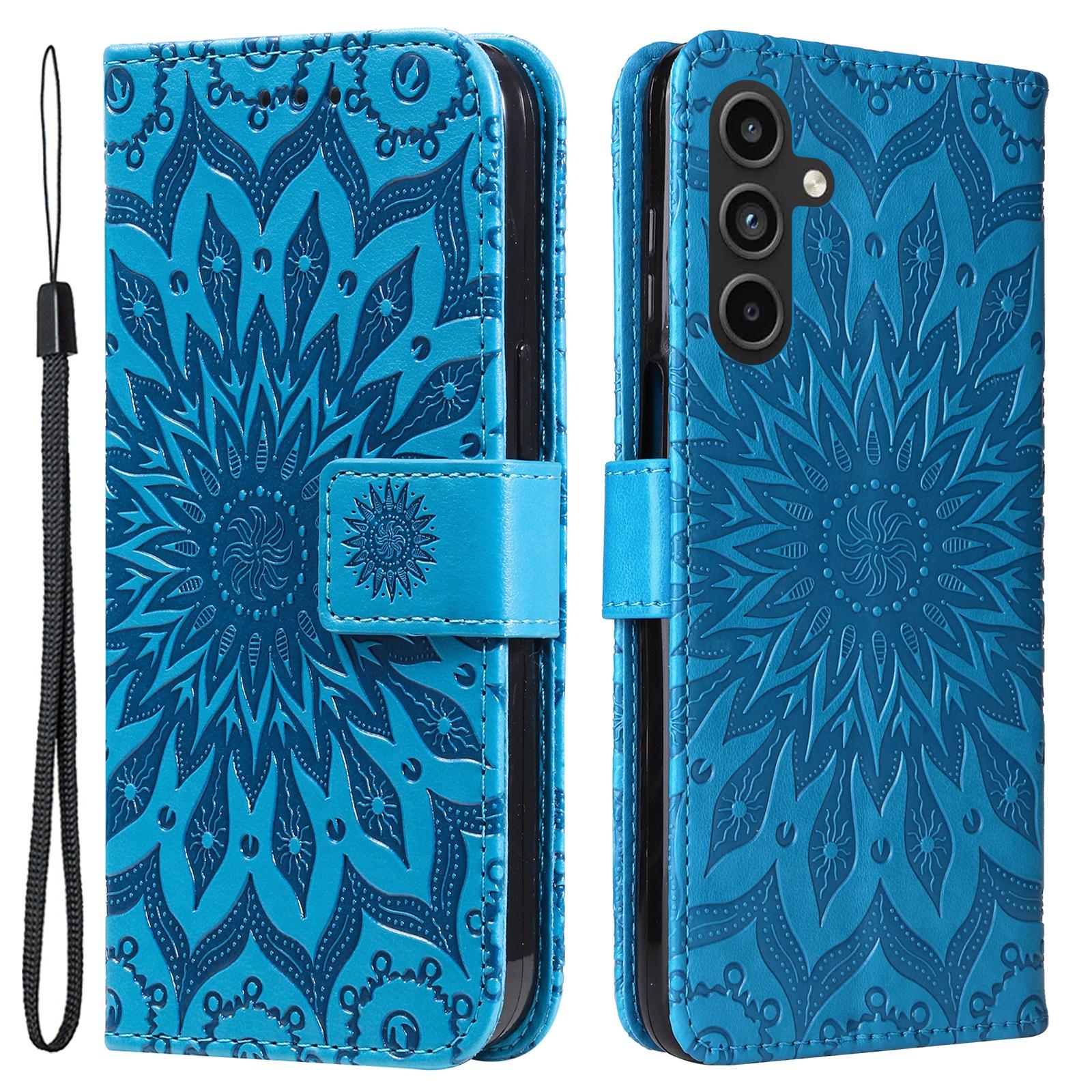 

For Samsung Galaxy A15 5G Phone Case Sunflower Imprinted Leather Wallet Stand Cover with Strap Blue