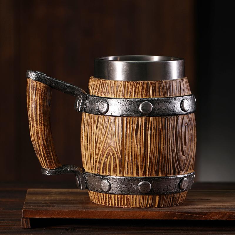 Viking Wood Grain Beer Mug 304 Stainless Steel Medieval Tavern Wood Imitation Barrel Tankard Beer Mug Coffee Cup Christmas Gift