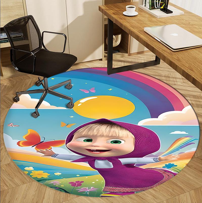 Masha and The Bear Pattern Round Rug, Indoor/Outdoor Mat, for Picnic, Gameroom, Bedroom, Office, Living Room, Home Decor Carpet, Birthday Gift