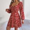 Floral Long Sleeve A Line Dress for Women High Waist V Neck Summer Spring Long Dress Pleated Elegant