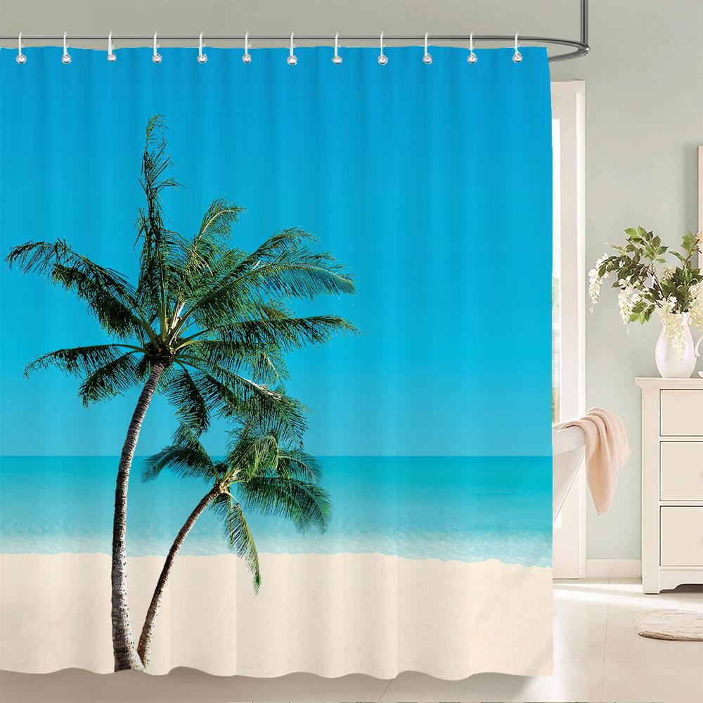 High Quality Sunny Beach Printed Fabric Shower Curtains Sea Scenery Bath Screen Waterproof Products Bathroom Decor with 12 Hooks