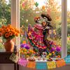 Durable Sunproof Glass Stickers Day of The Dead Window Clings, Halloween Double-Sided Skull Sticker, Ethnic Pattern Wall Art Colorful Flower Skeleton