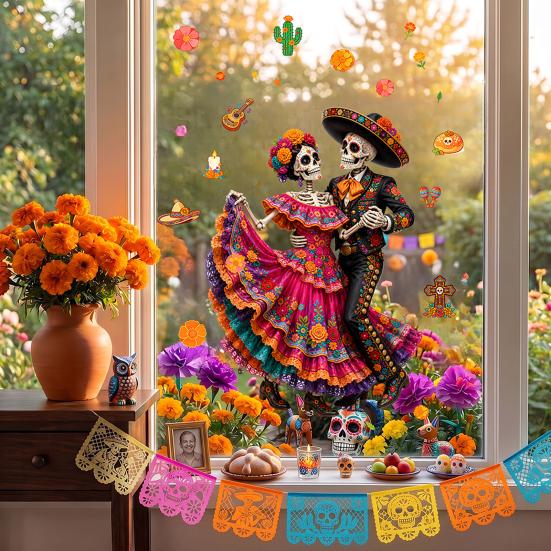 Durable Sunproof Glass Stickers Day of The Dead Window Clings, Halloween Double-Sided Skull Sticker, Ethnic Pattern Wall Art Colorful Flower Skeleton