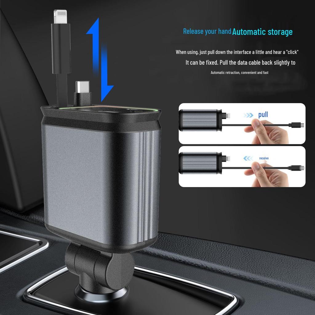 Starry Sky Multi-Function Car Charger: Dual Retractable Cables & Projector Light.