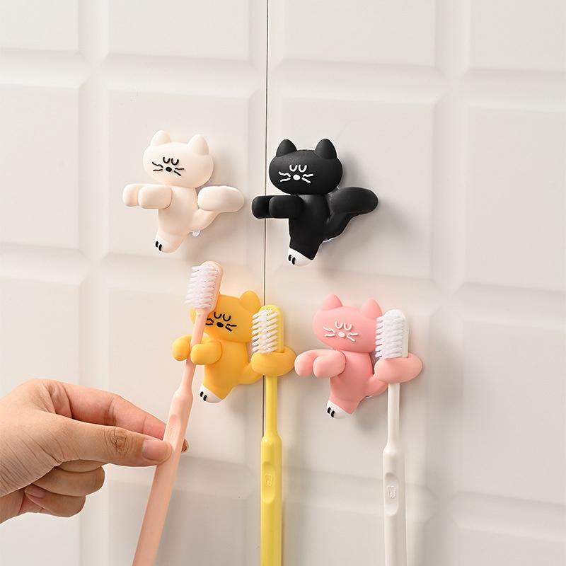 Adorable Cat Silicone Suction Cup Toothbrush Holder Wall Mounted Easy Clean Waterproof Bathroom Storage Accessory
