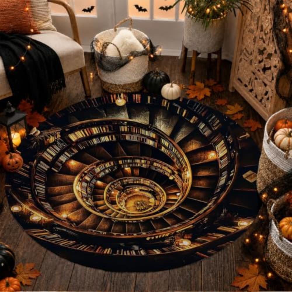 Round Area Rug Black Mascot Silhouette Purple Pointed Cap Printed Gradient Vortex Bottom Scattered Maple Leaves Frame for Floor