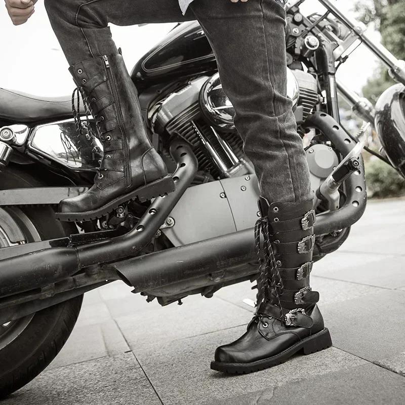 Winter Men's Leather Motorcycle Boots Punk Chain Mid-calf Platform Gothic Combat Boots for Men Biker Boots Men