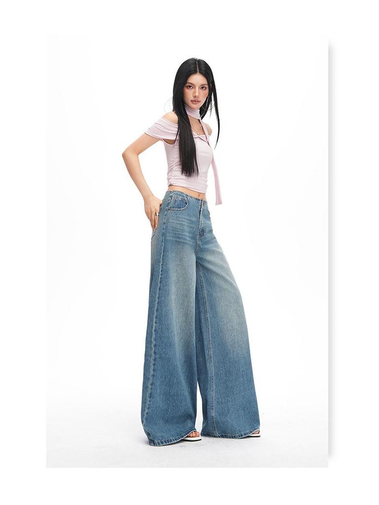2026 Spring Women's Retro Wide-Leg Jeans: Waistless, Versatile, Loose, Slimming, Floor-Length Pants