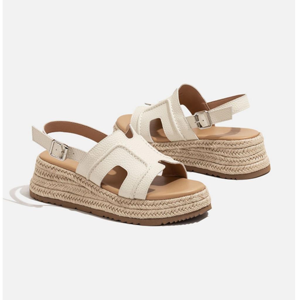 Ruth, the Same Leather One-word Sandals for Women 2025 New Straw Woven Thick-soled H Muffin 5cm High-heeled Cool Slippers for Women