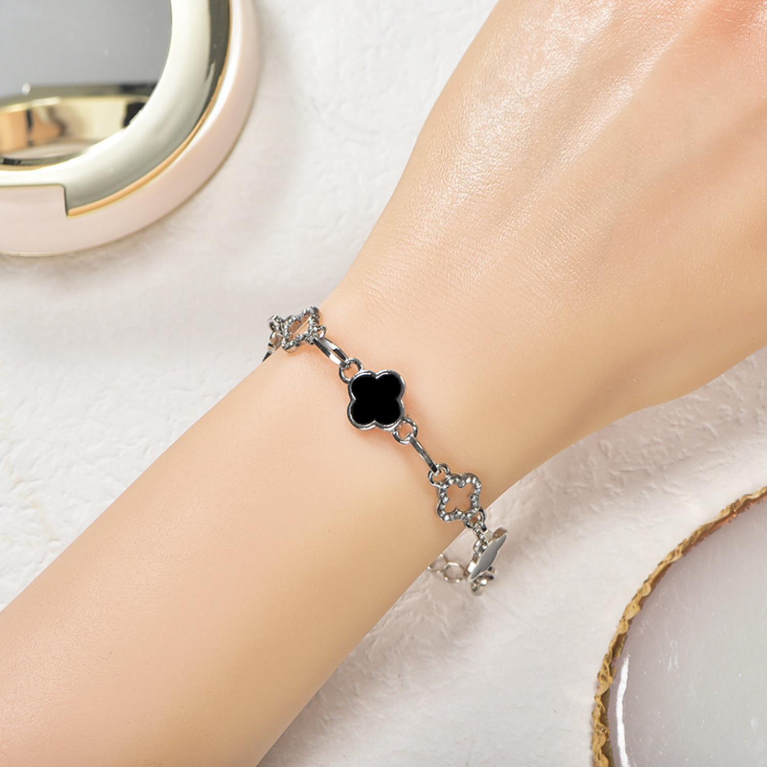 

Полый браслет цвета розового золота с цирконием и четырьмя лепестками клевера, универсальные ювелирные изделия для мужчин и женщин серебряный/чёрный