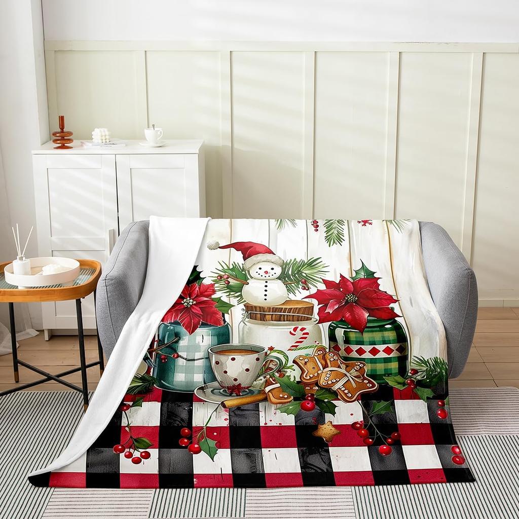 Gingerbread Xmas Flannel Blanket Blue Christmas Tree Candy Throw Blanket Western New Year Theme Cozy Throws for Bed Couch Sofa
