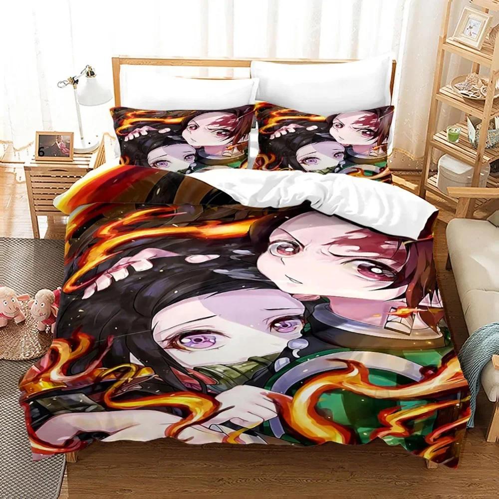 Demon Slayer Anime Sängkläder Set 3d Påslakanset Örngott Sängkläder Hemtextil Tecknad Serie Twin Queen King Size Barn Gåva
