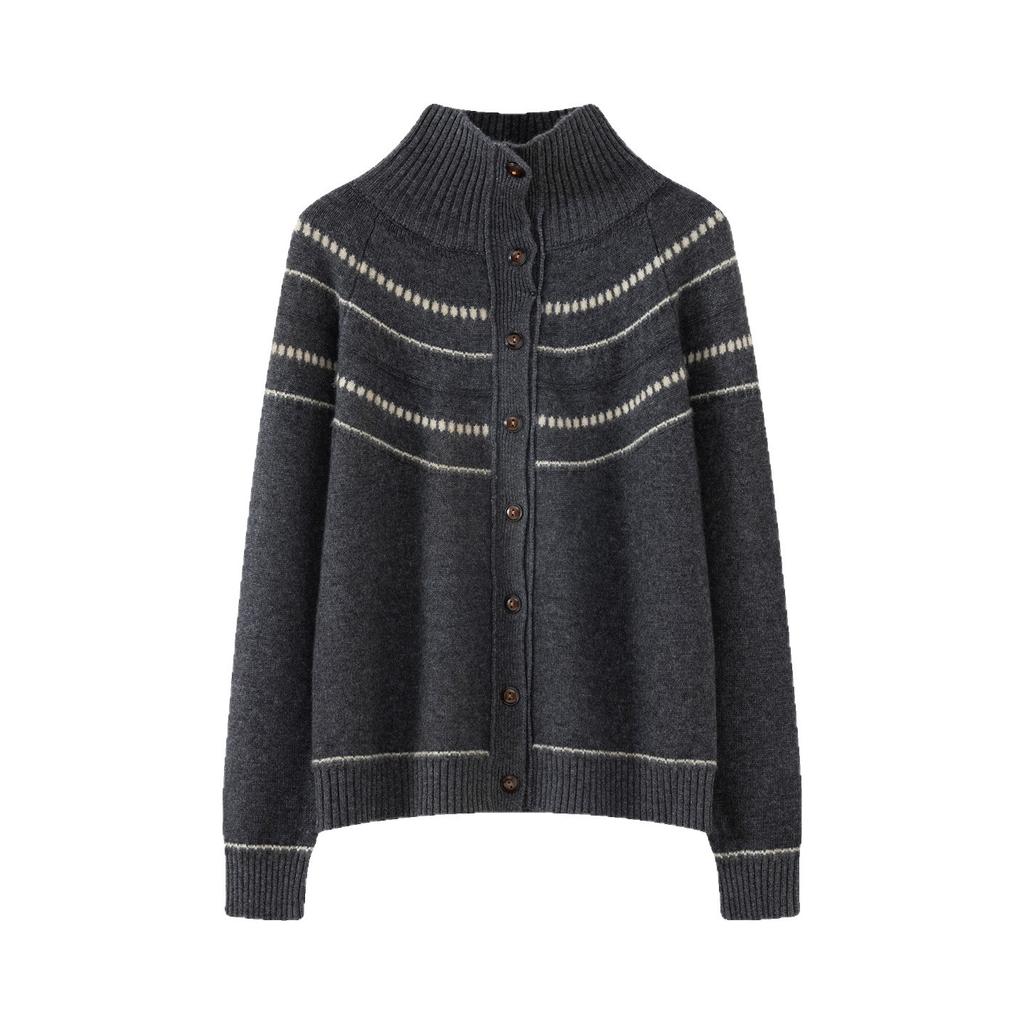 Women Autumn Winter Knit Cardigan Retro Fair Isle Pattern Round Neck Long Sleeve Loose Wool Blend Sweater Coat Casual Outerwear