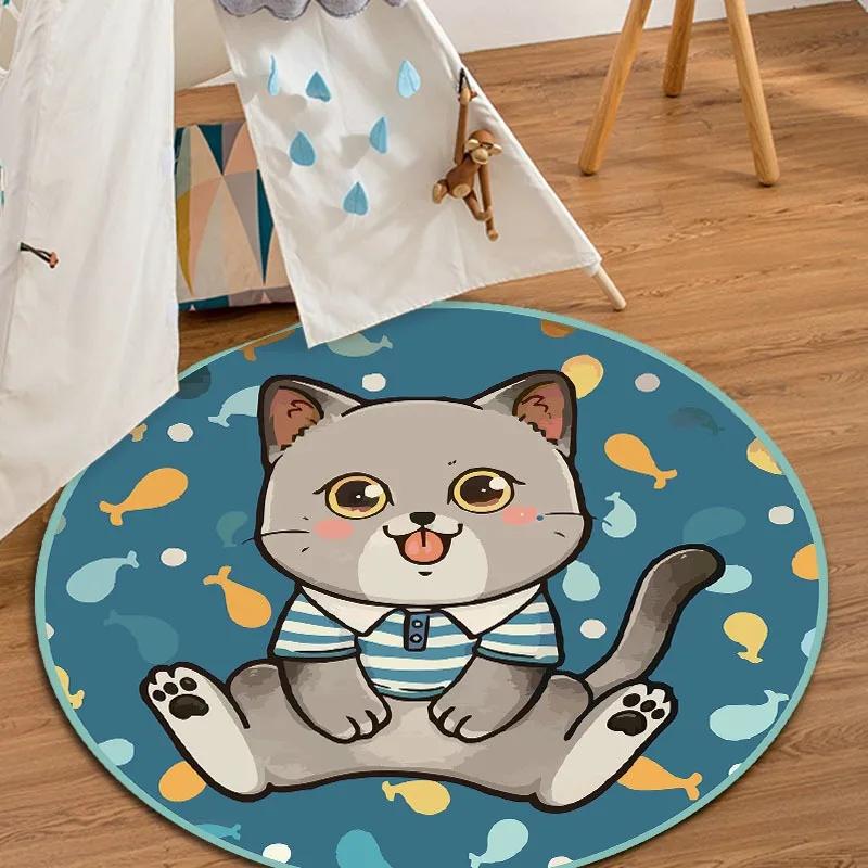 Cartoon Niedliche Kätzchen und Welpen Runder Teppich Schlafzimmerteppich Fußmatte Wohnzimmer Rutschfest Küche Türvorleger Dekorativ