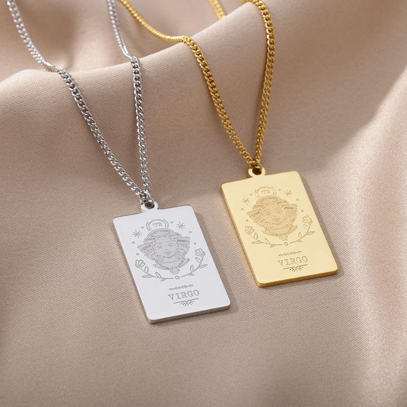 European 12 Constellations Stainless Steel Square Pendant Necklace for Men & Women - Retro Hip Hop Style Titanium Steel Jewelry