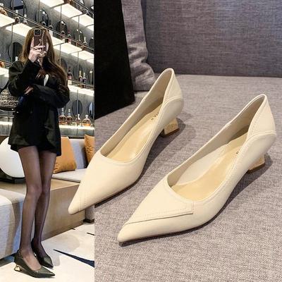 Escarpins français pour femmes petits 2025 printemps et été nouveau talon épais bout pointu bouche peu profonde semelle souple chaussures de travail professionnelles