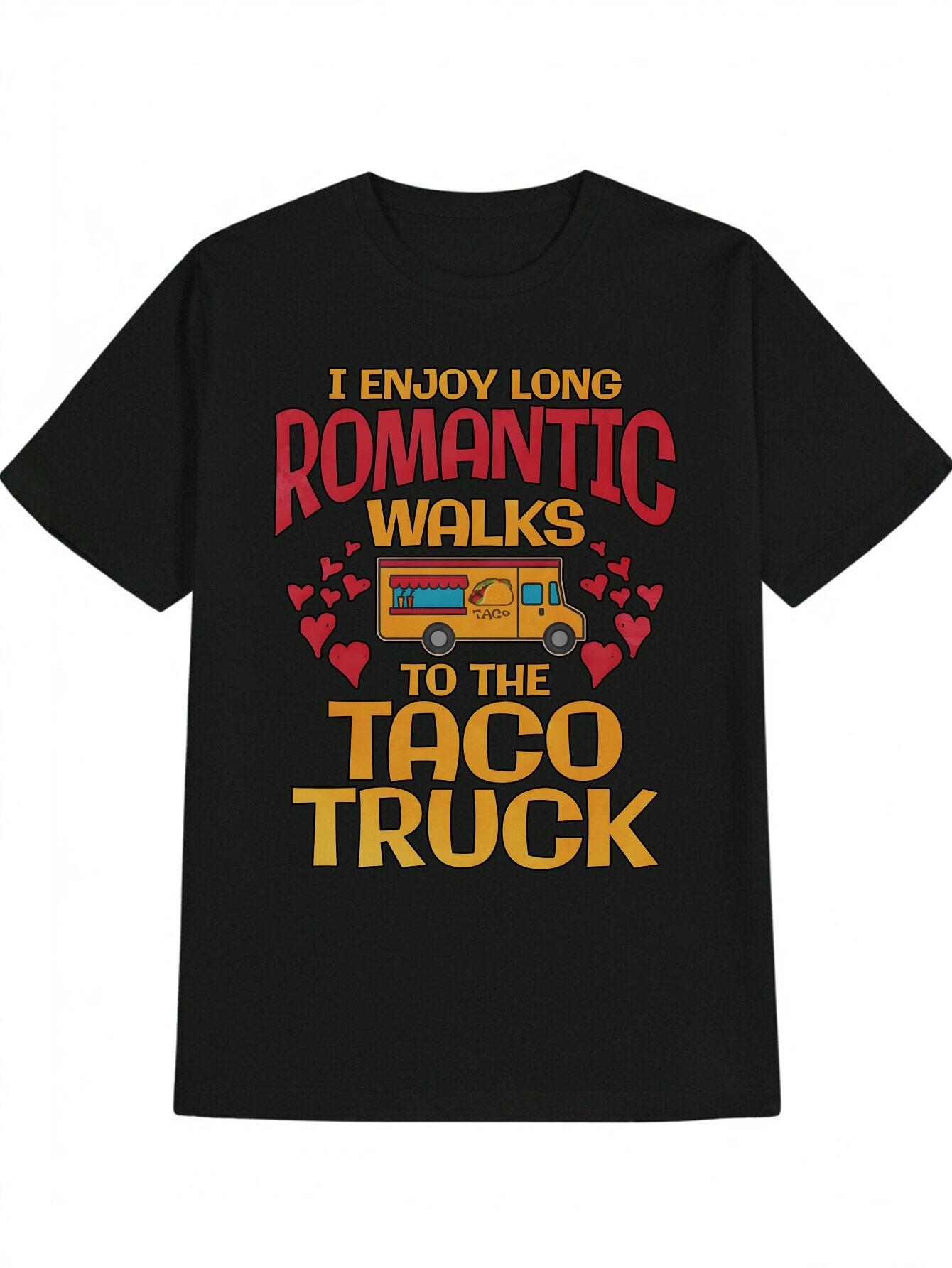 

Casual Graphic T-shirt - Black with Yellow Taco Truck & Hearts Print S