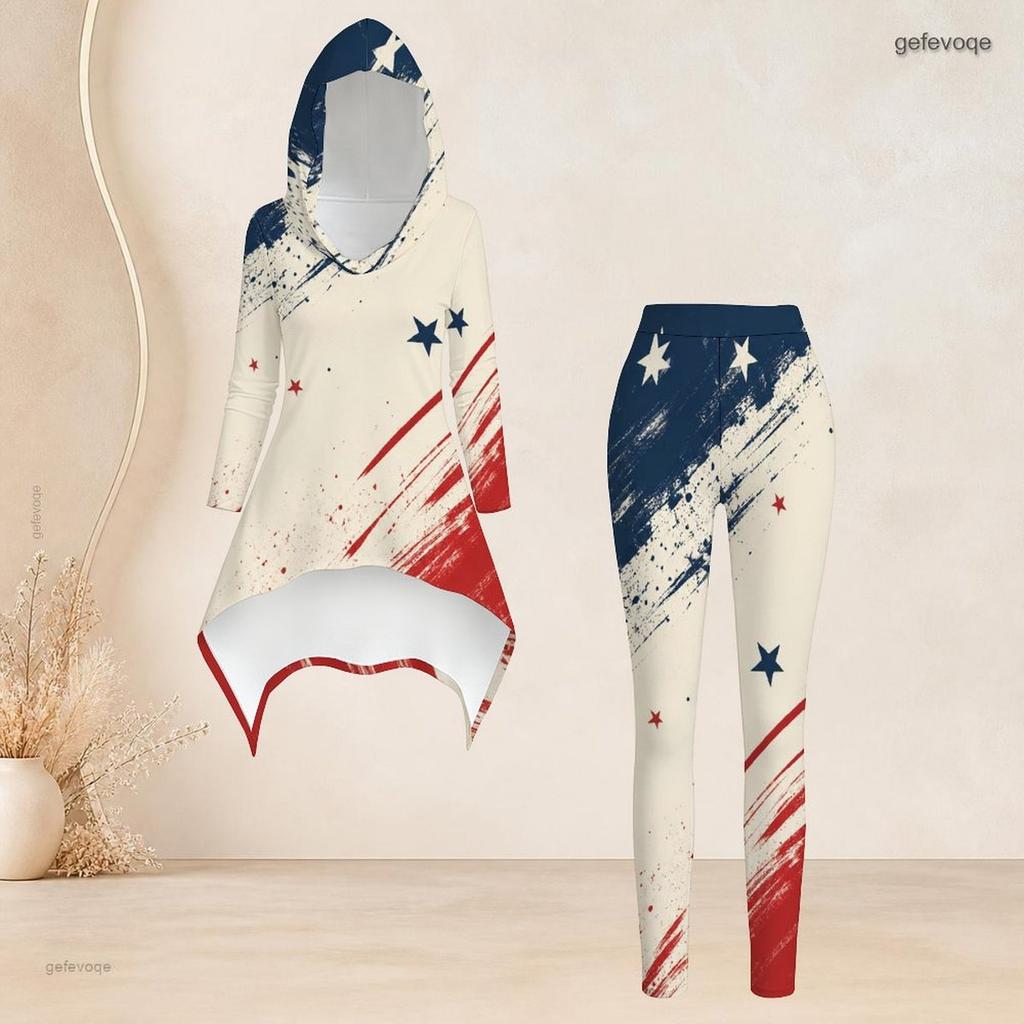 Women Plus Size Hooded Long Sleeve Printed High Low Top And Fitted Pants Two Piece Set