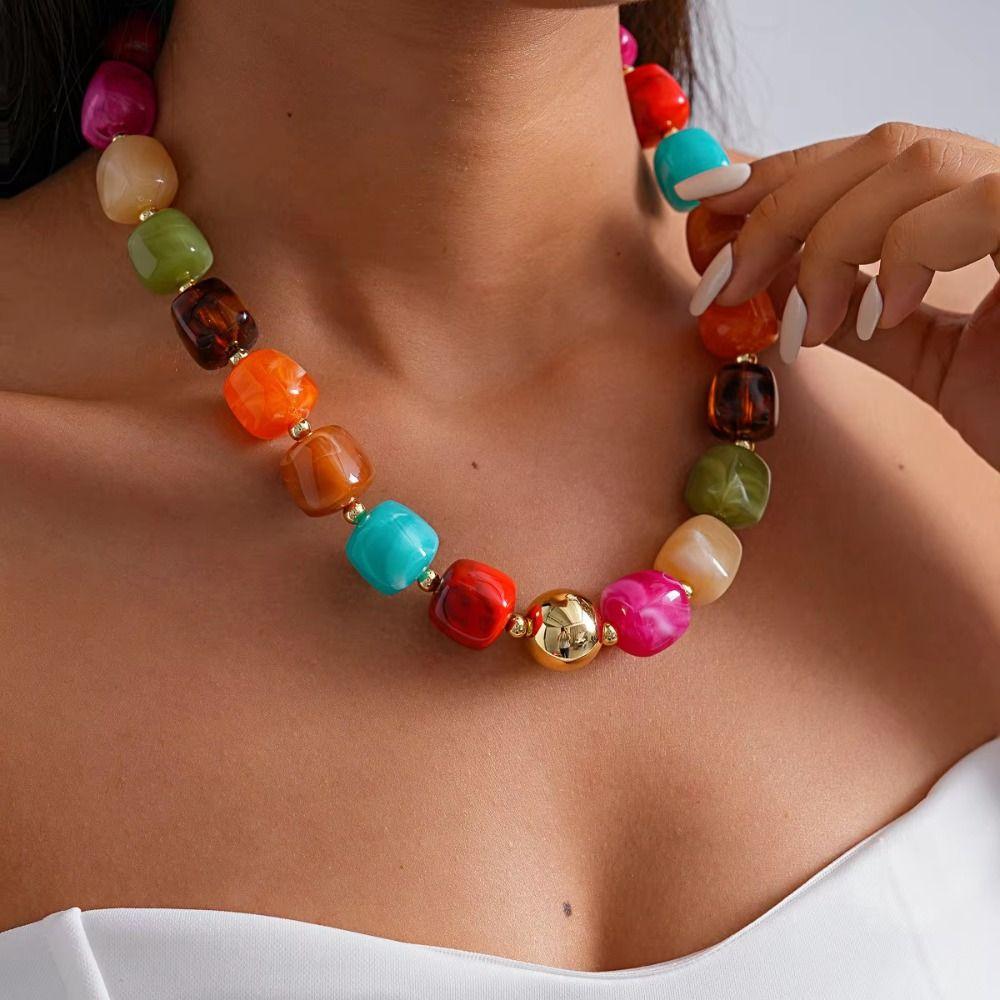 Multi Color Beaded Necklace Resin Acrylic Vintage Choker Resin Beaded Chokers Vacation Accessories