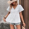 Women Casual White V Neck Short Sleeve Hollow Out Lace Up Shirt
