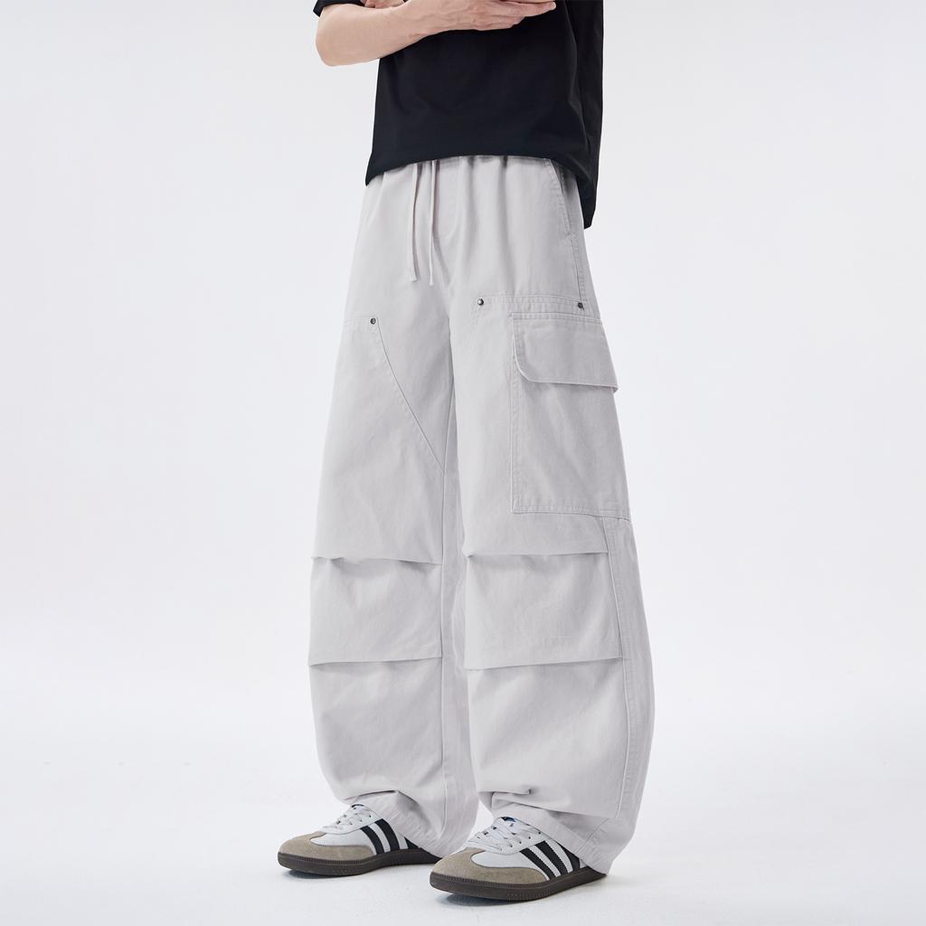 American retro trendy brand niche paratrooper overalls men's trend loose wide-leg straight elastic waist long pants