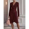 European and American New Models, Autumn Fashion Cross V-neck Waist Solid Color Long-sleeved Dress Women's Clothing