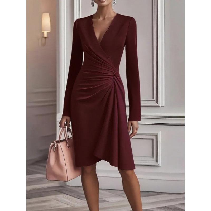 European and American New Models, Autumn Fashion Cross V-neck Waist Solid Color Long-sleeved Dress Women's Clothing
