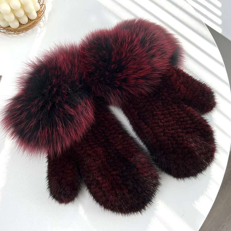 

Real Mink Fur Gloves Women Natural Fur Mittens Fashion Fur Hand Knitted Full Finger Gloves Female Winter Thick Fur Gloves Ladies винный