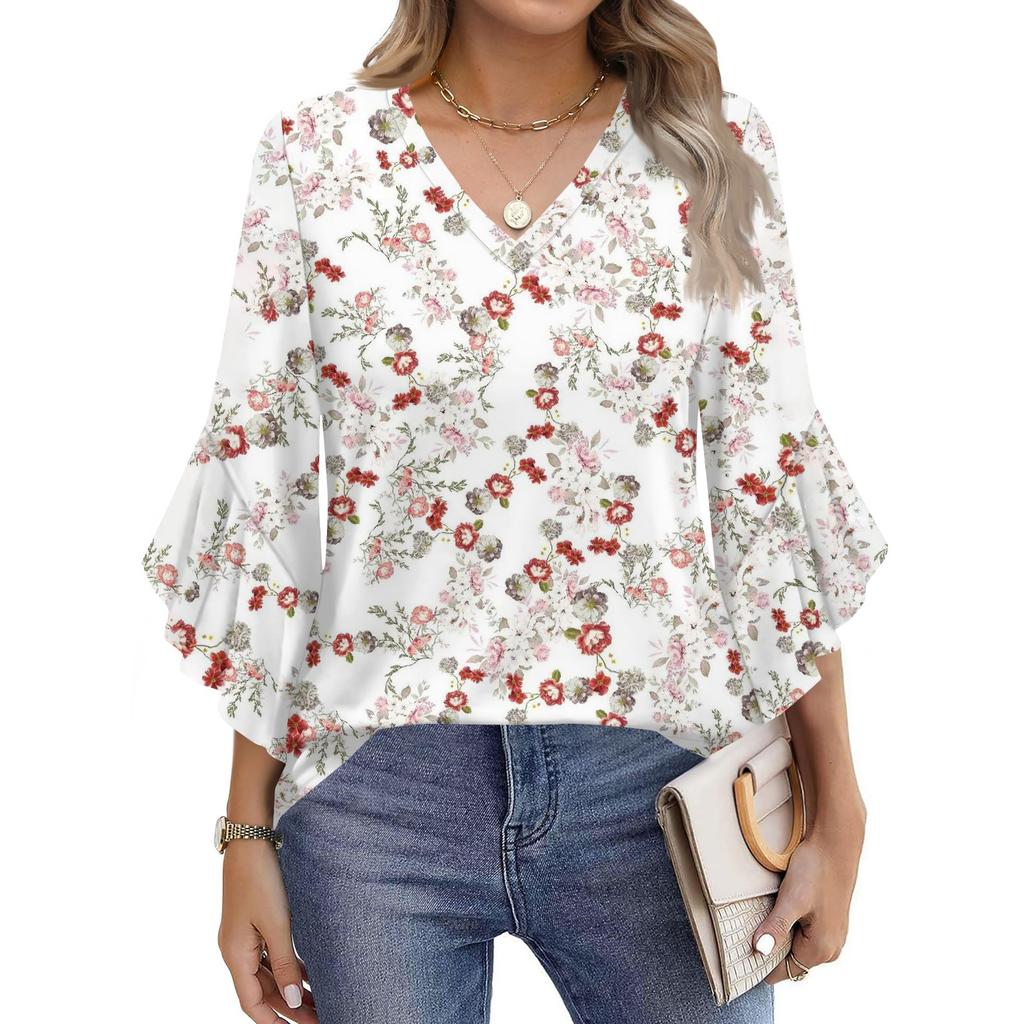Blouses For Women Dressy Casual 3/4 Length Sleeve Womens Tops V Neck Tshirts Shirts With Flared Sleeve