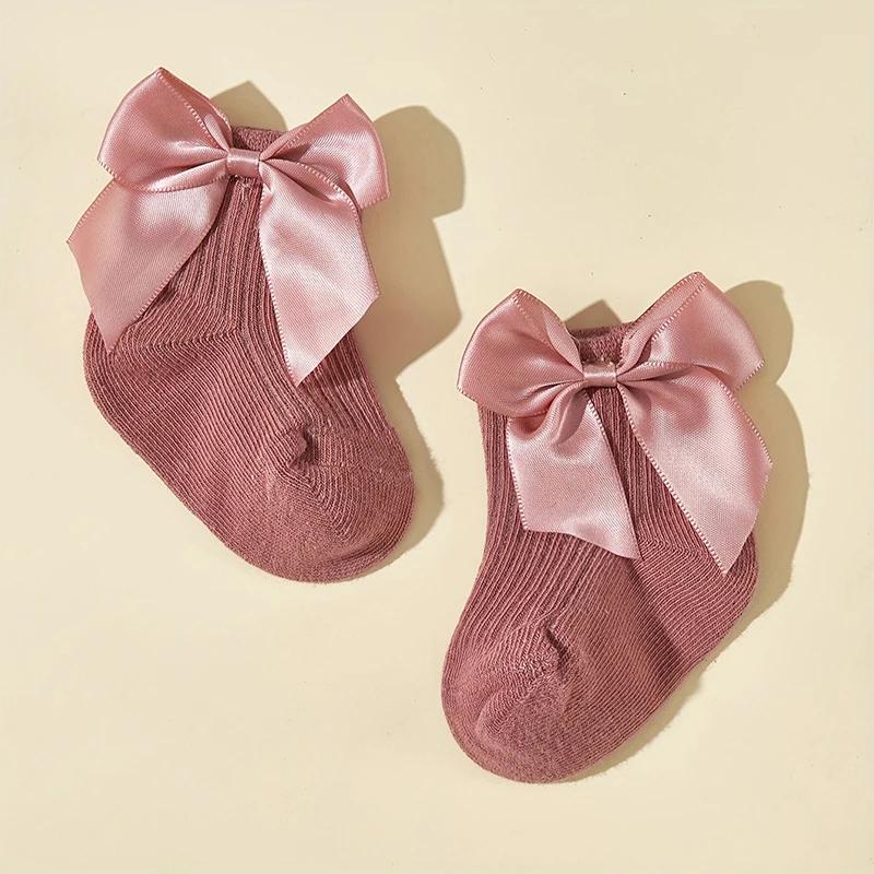 4 Pairs Baby Girl Socks Large Bow Princes Kids Middle Tube Socks Solid Spring Autumn Newborn Toddler Cotton Short Socks