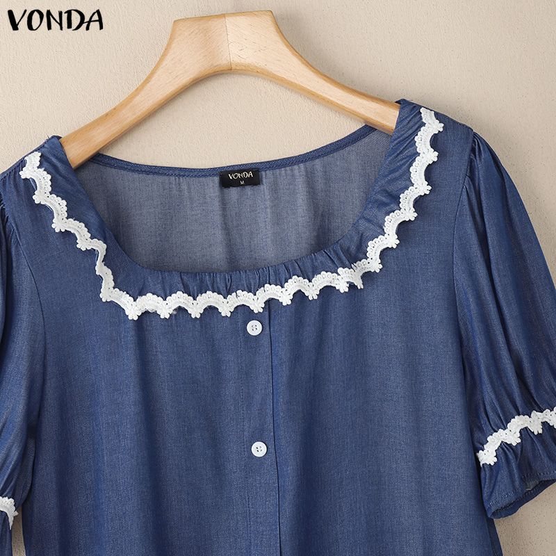 VONDA  Womens Casual Square Neck Lace Hem Short Sleeve Blouse