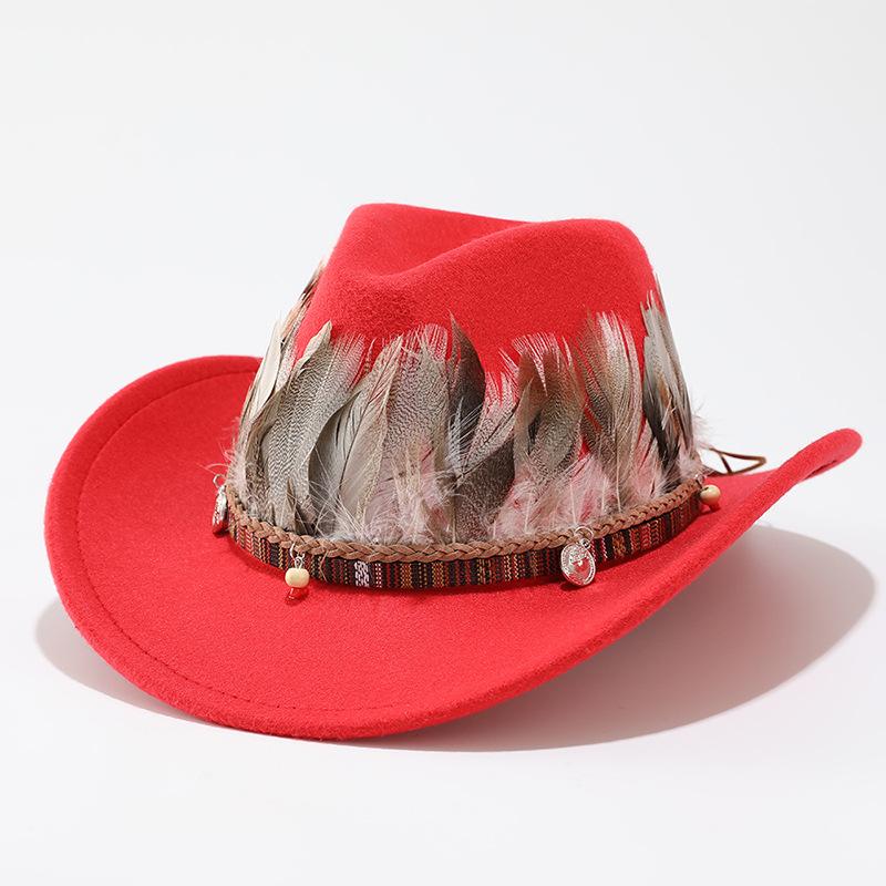 Autumn and winter new woolen top hat men and women couple hat minority style feather decorative western cowboy hat