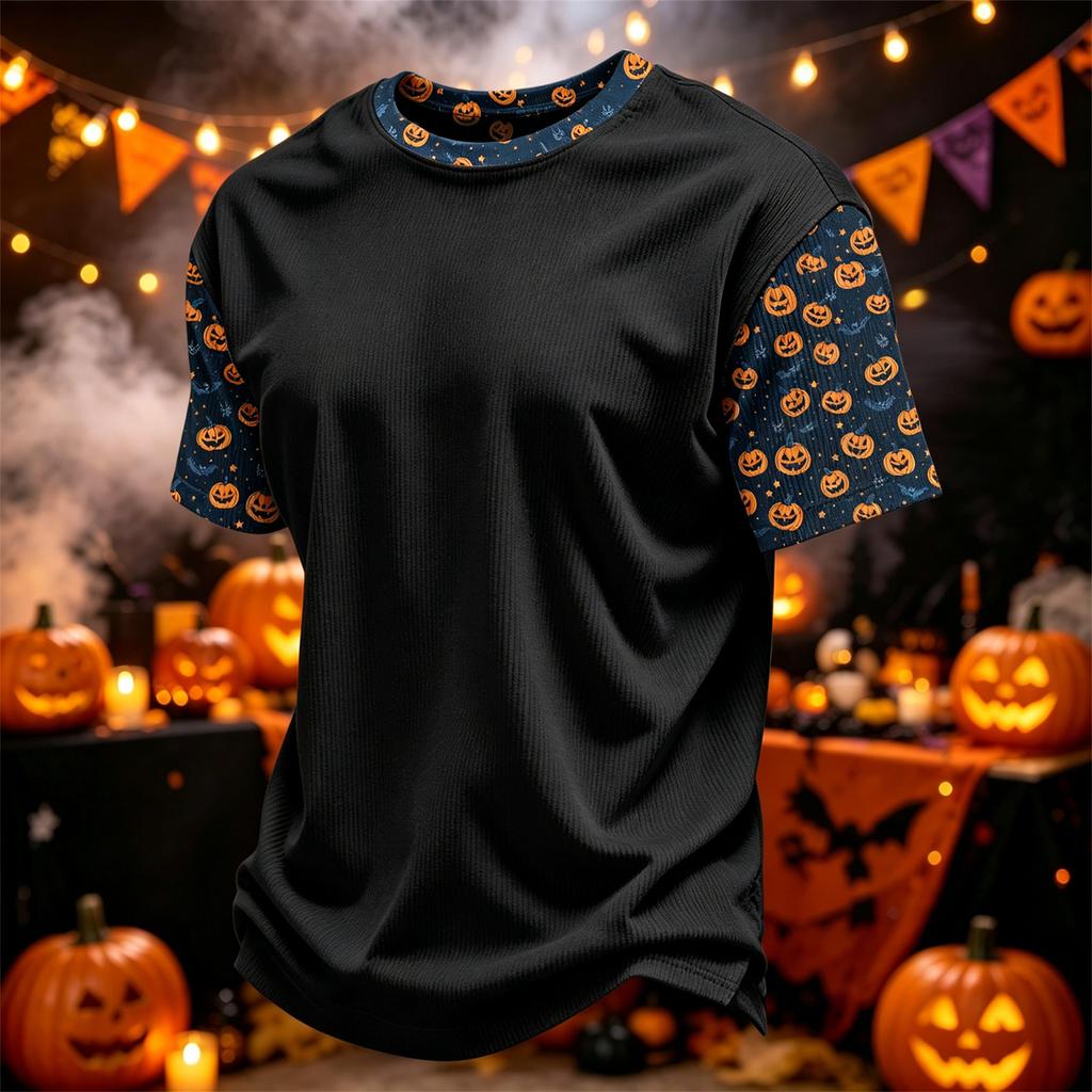 Herren Freizeit Corduroy Kurzarm T-Shirt Leicht Atmungsaktiv Rundhals Oberteil mit Halloween Print Ärmeln und Kragen Design