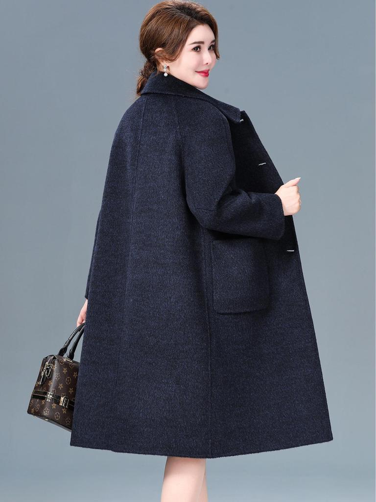 Płaszcz kaszmirowy dwustronny średniej długości mamy - Rozmiar plus, Luźny krój, Wysokiej klasy wełniany płaszcz wierzchni jesienno-zimowy dla kobiet w średnim wieku i starszych.