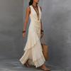 Maxi Abito da Donna Senza Maniche Scollo a V in Chiffon con Fondo Arricciato per Vacanza al Mare