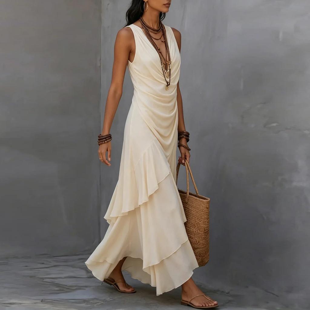 Maxi Abito da Donna Senza Maniche Scollo a V in Chiffon con Fondo Arricciato per Vacanza al Mare