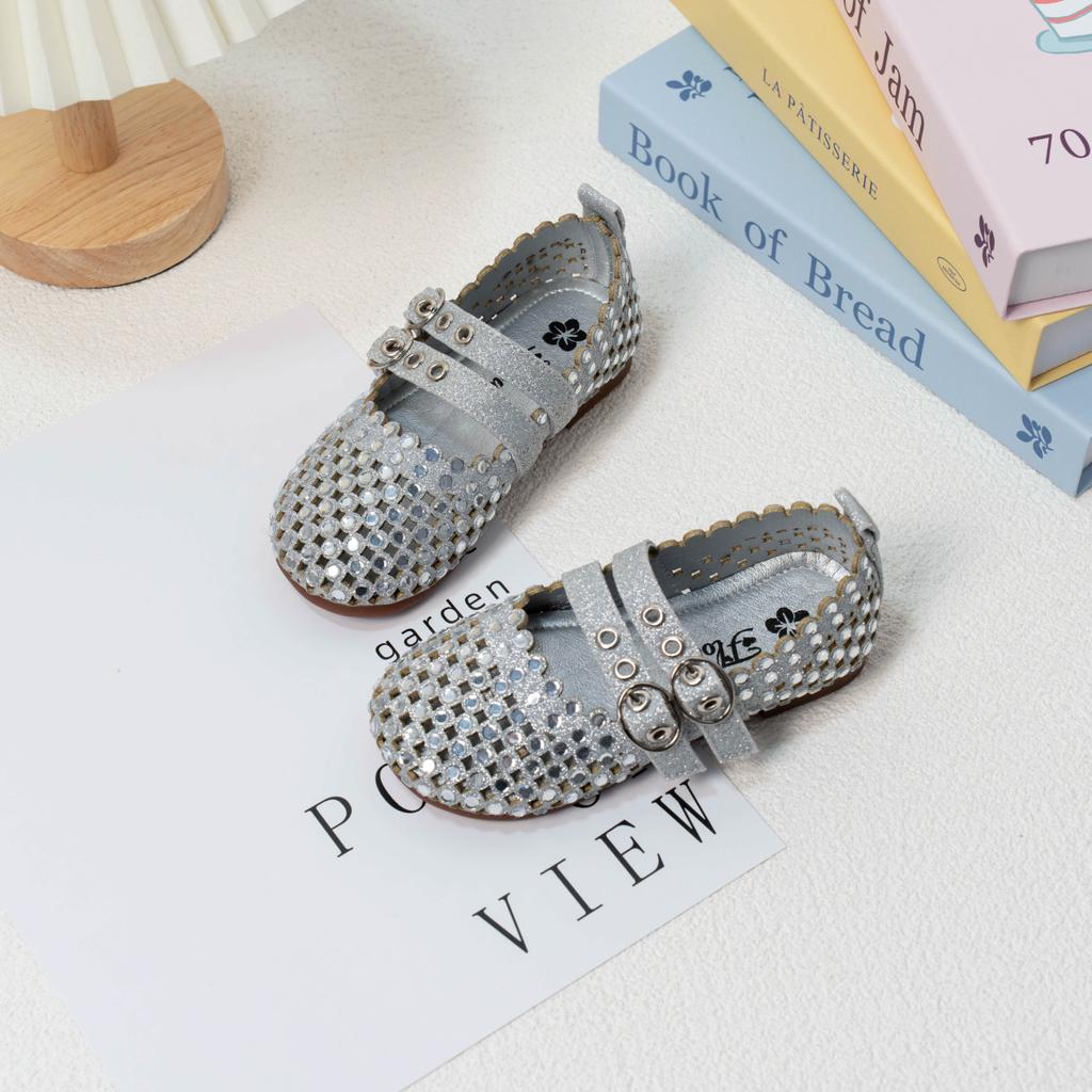 Girls Flat Shoes Shiny Crystal Cut-outs Children Princess Dance Shoes Soft Sole 2025 Summer New Kids Leather Shoes Sweet Cute